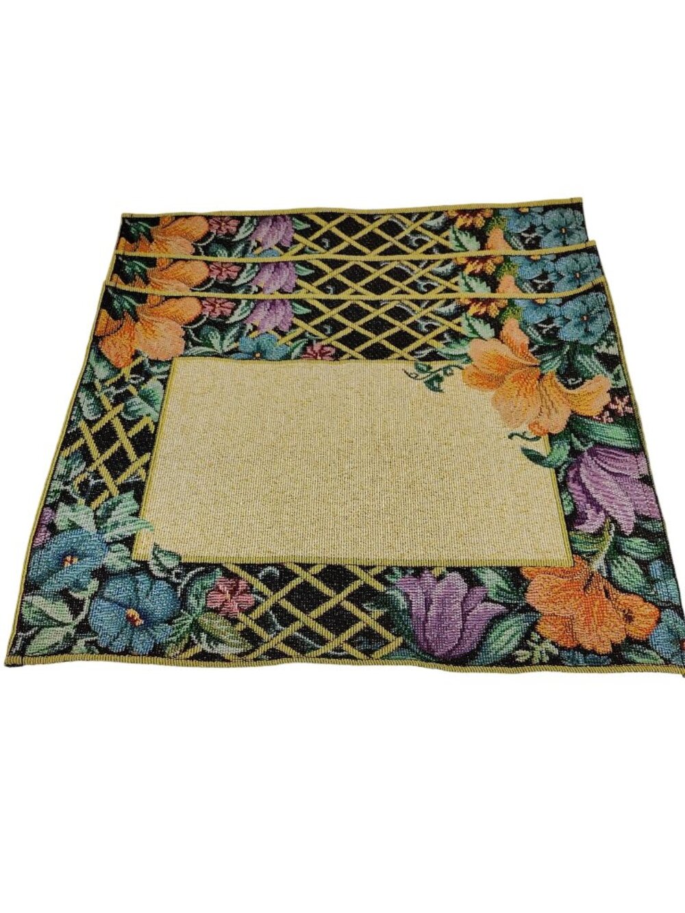 Floral Placemats Woven Lattice Border Cottage Table Decor Set of 3 Kitchen
